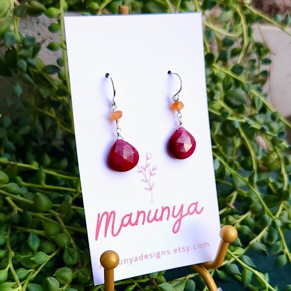 Ruby Dangle Earrings - Semi-Precious Ruby, Labradorite & Carnelian - Picture 7 of 10